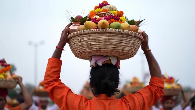 A devotee carries a basket of offerings on their head during the chhath puja festival in india, showcasing tradition and devotion in a vibrant cultural setting chhath puja