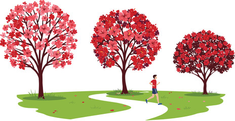 Vibrant spring park scene with blooming red and pink trees, winding path, and jogger enjoying outdoor fitness in colorful natural landscape
