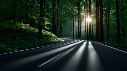 Fototapeta premium Serene winding road through a lush forest with sunlight filtering through the trees during late afternoon