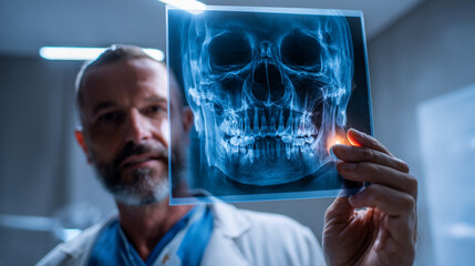 Doctor holding and examining a skull x ray with a focused expression in a medical setting