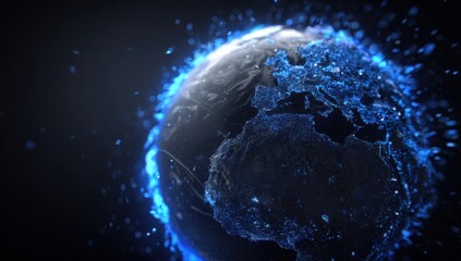 A digitally rendered Earth, glowing with blue particles