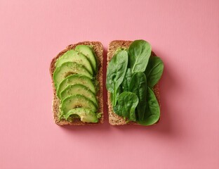 Two slices of toast, one topped with sliced avocado, the other with spinach leaves, set against a pink backdrop