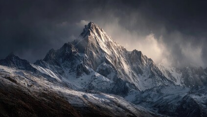 Obraz premium Majestic snow-capped mountain peak illuminated by dramatic light