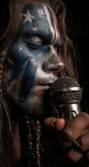Close-up of a man with face paint, singing into a microphone