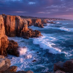 Coastal cliffs meet churning ocean under a purple sunset, sunlight on rocks