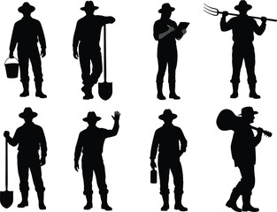 Cowboy silhouette collection, farming poses, rural lifestyle, agriculture tools, western worker actions, country life, vector illustration, black shadow, white background