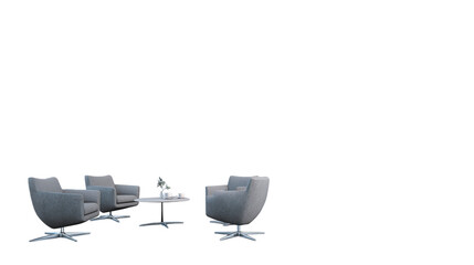 Modern office lobby with blank wall poster and seating area, daylight city view isolated on transparent background 