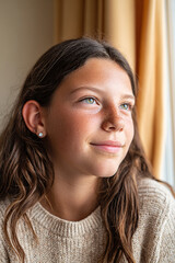 Teenage girl in cozy sweater gazes thoughtfully out the window in warm, inviting room