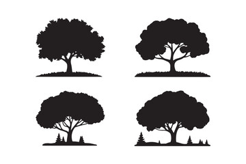 Four silhouetted trees with detailed branches and foliage