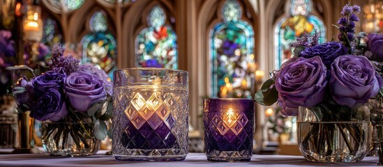 Purple-toned floral arrangements and candles in a church setting