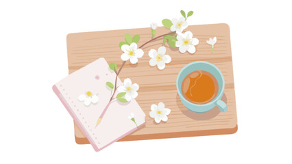 Cozy morning aesthetic with tea, notebook, and white flowers on wooden tray flat lay illustration