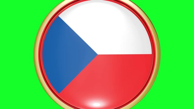 3D animation of a badge with a Czech Republic country flag rotating around an axis and zooming in on the whole screen. 3D transition on a green background for editing