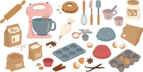 Baking vector set, kitchen tools, cooking ingredients, flour, mixer, whisk, rolling pin, cupcake mold, baking utensils, dessert preparation design