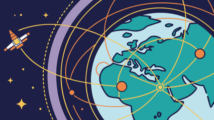 Obraz premium Global communication network with spaceship illustration for technology and business concept one hundred