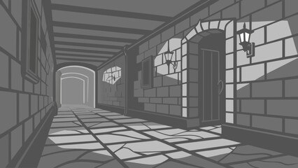 Illustration of a stone hallway with arches and wall lamps in grayscale for architectural design use