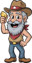 Cartoon gold miner shouting Eureka, prospector finds gold nugget, funny western character, treasure discovery, wild west adventure, happy cartoon man