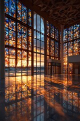 Sunlight streams through vibrant stained glass windows, illuminating a spacious, modern interior.  Large windows showcase a sunset over water