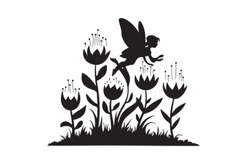 Silhouette of a fairy flying amongst tall flowers in a garden