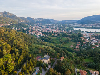 Aerial landscape of Lecco Maggianico Lago di Garlate Lake fall Italian Alps mountains Lombardy