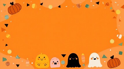 Fototapeta premium Halloween border with smiling ghosts and pumpkin against an orange background