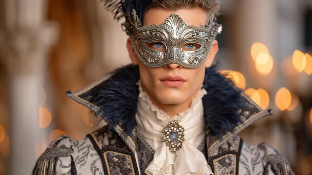 Man with dark hair wearing gold masquerade mask and historical baroque costume, posing for character animation.