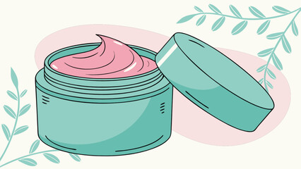 Illustration of pink cream in a turquoise jar for skincare beauty product concept and nature background