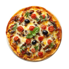 Delicious pizza topped with fresh basil, cherry tomatoes, and olives on a wooden table ready for serving