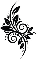Elegant Leafy Swirl Vector Art. Black and White Ornate Floral Element with Scrolls and Dots for a Logo, T-shirt Print, or Decorative Embellishment.