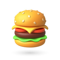 Delicious 3D Cartoon Hamburger with Sesame Seeds. Vector illustration