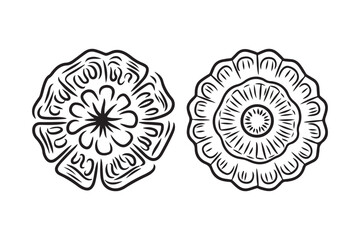 Two hand drawn floral mandala designs in black and white