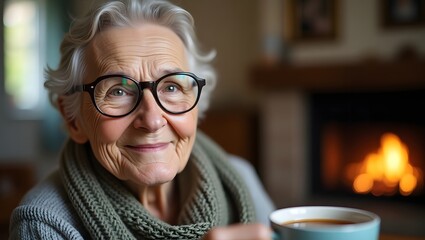 Senior woman enjoying tea by fireplace in cozy home for retirement living and relaxation time