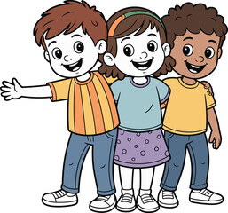 Happy cartoon kids standing together, group of smiling children, friendship illustration, diverse characters, fun teamwork drawing, joyful childhood vector art