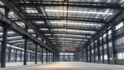 Obraz premium Empty industrial warehouse interior. Metal beams, supports, and roof structure dominate the expansive space. Empty concrete floor, bright, and well-lit
