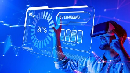 A man enjoys an immersive experience in virtual reality, interacting with a digital display that shows electric vehicle charging and battery levels amidst a high-tech background. Raster