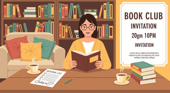 Invitation to a book club meeting with a woman reading a book and enjoying coffee