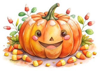 Fototapeta premium Watercolor illustration of a cute pumpkin with candy corn, isolated on white background