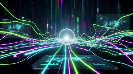 Futuristic holographic interface with glowing data streams and digital connectivity visualization. Advanced technology dashboard displays analytics, ai processing networks. Neon cyber with virtual - Powered by Adobe