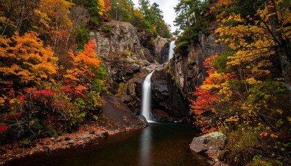 Autumn waterfall cascading into a serene pool