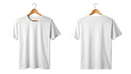 Blank white t-shirt mockup on wooden hangers, ready for design.