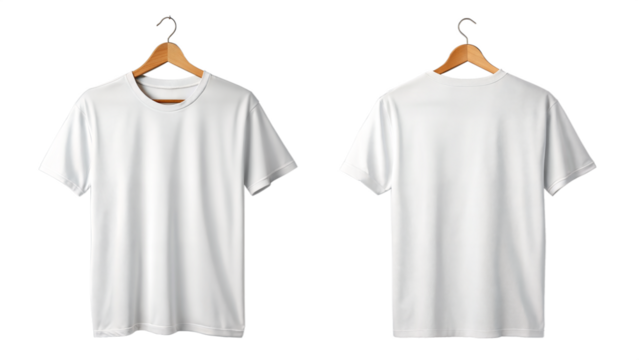 Blank white t-shirt mockup on wooden hangers, ready for design.