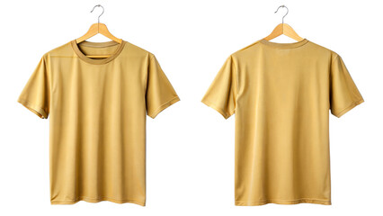 A mustard yellow t-shirt, front and back views, hangs on a wooden hanger against a plain white background.