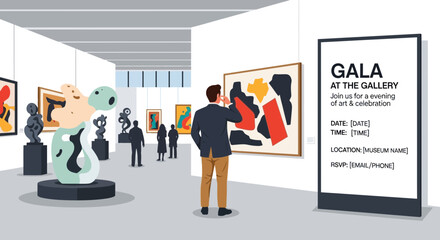 Obraz premium A Modern Art Gallery Gala Invitation Artwork Featuring Patrons and Abstract Artworks