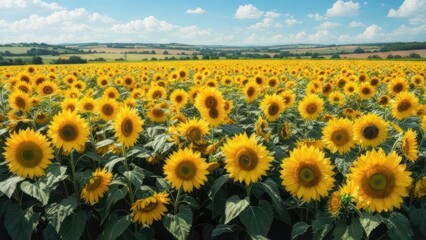 Sunny sunflower field under a partly cloudy sky