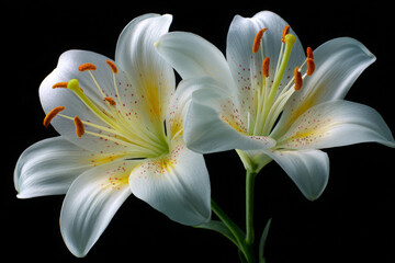 Fototapeta premium Two White Lilies on a Black Background