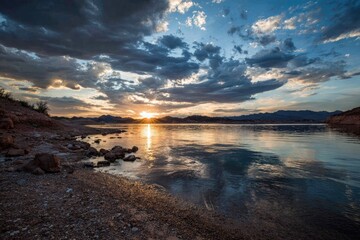 Fototapeta premium Dramatic sunset over a calm lake reflecting a vibrant sky