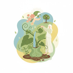 A whimsical illustration of a fantasy landscape featuring lush greenery, a vibrant waterfall, and abstract, imaginative elements.