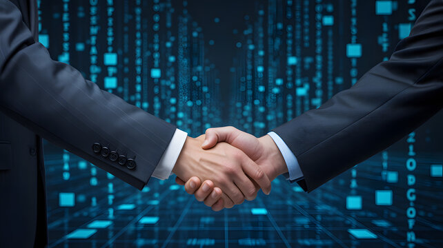 Digital Deal: A close-up shot captures a decisive handshake between two individuals dressed in professional attire, against a backdrop of binary code. This image symbolizes a powerful agreement.