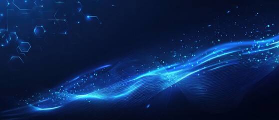 Abstract digital design with glowing blue lines and particles on a dark background