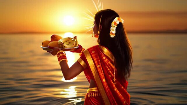 A woman in traditional indian dress offers prayers to the setting sun during chhath puja, standing in a tranquil body of water with offerings of fruit chhath puja