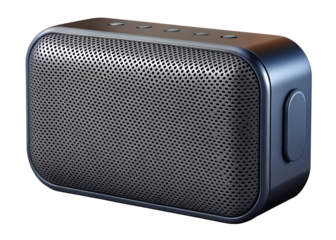 Dark blue rectangular portable audio device with perforated front isolated on a transparent background